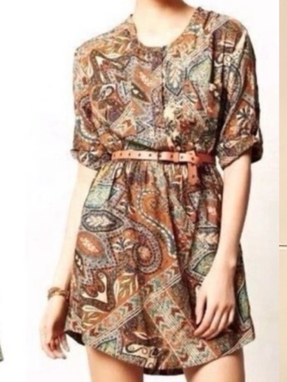 Anthropologie Holding Horses western boho paisley mini dress with 3/4 roll-tab s